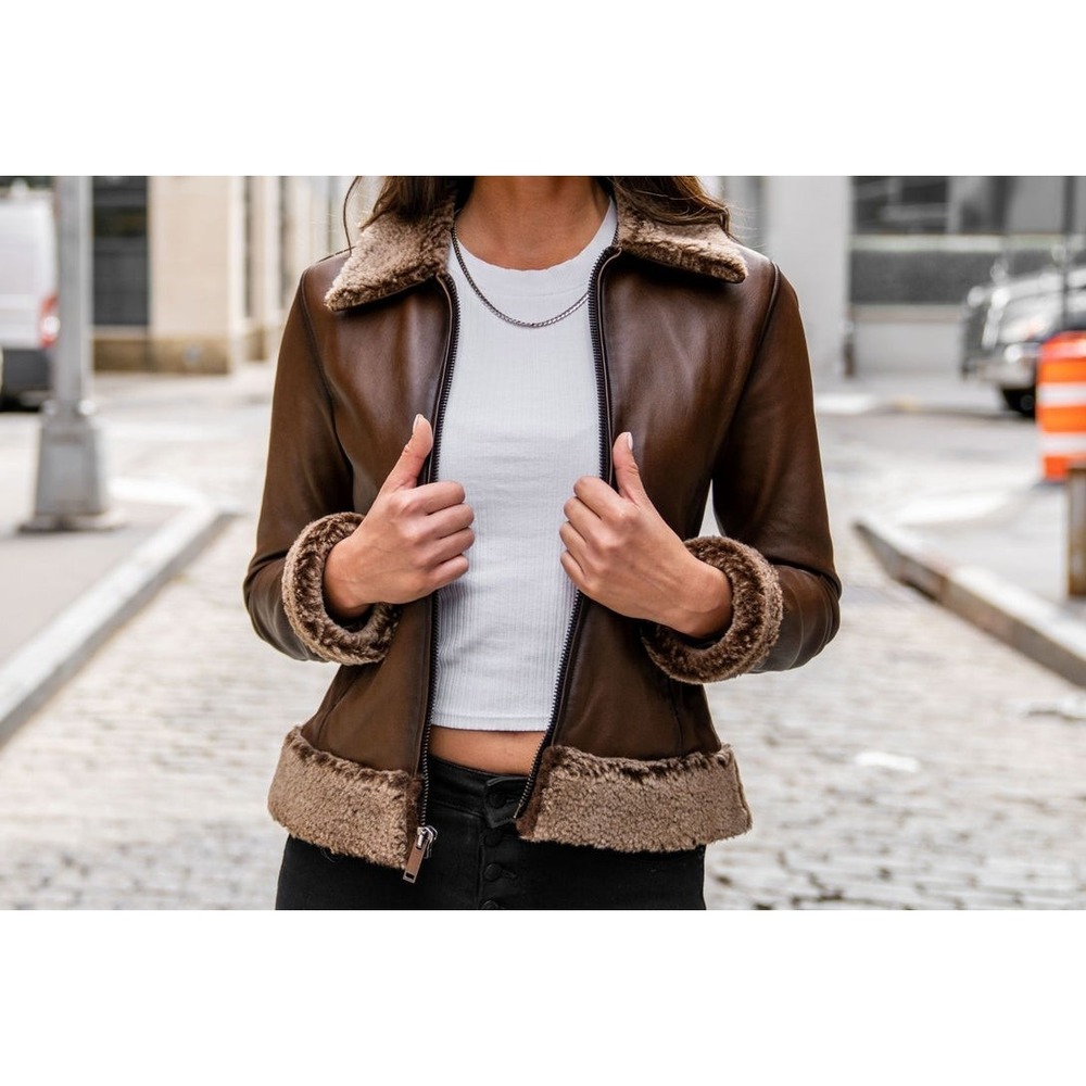 Thursday Boots Lamb Leather Brown Flight Jacket Collar Waistband Women's Small